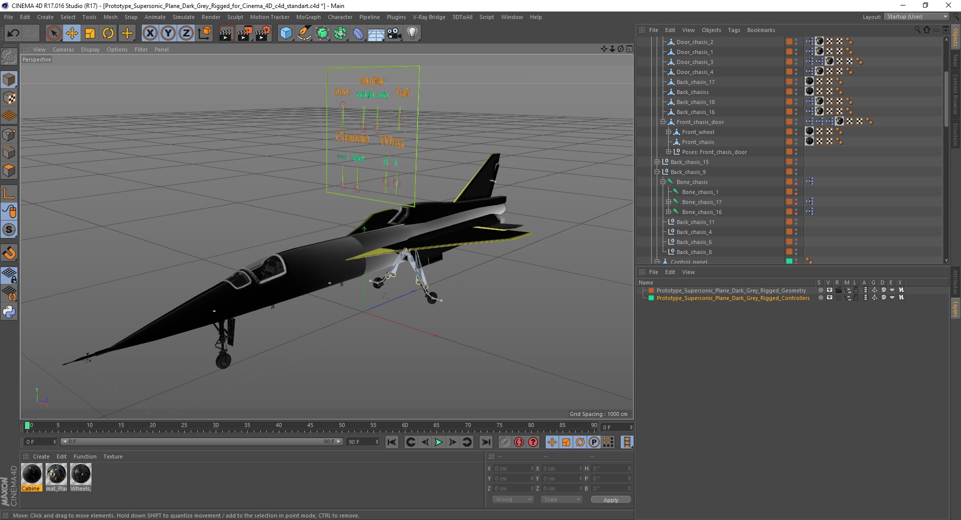 Prototype Supersonic Plane Dark Grey Rigged for Cinema 4D 3D