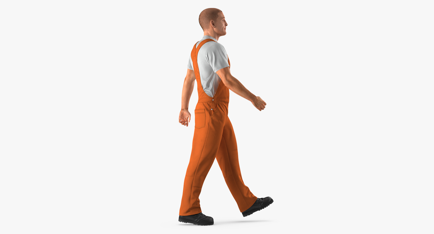 3D model Builder Wearing Orange Coveralls Walking Pose