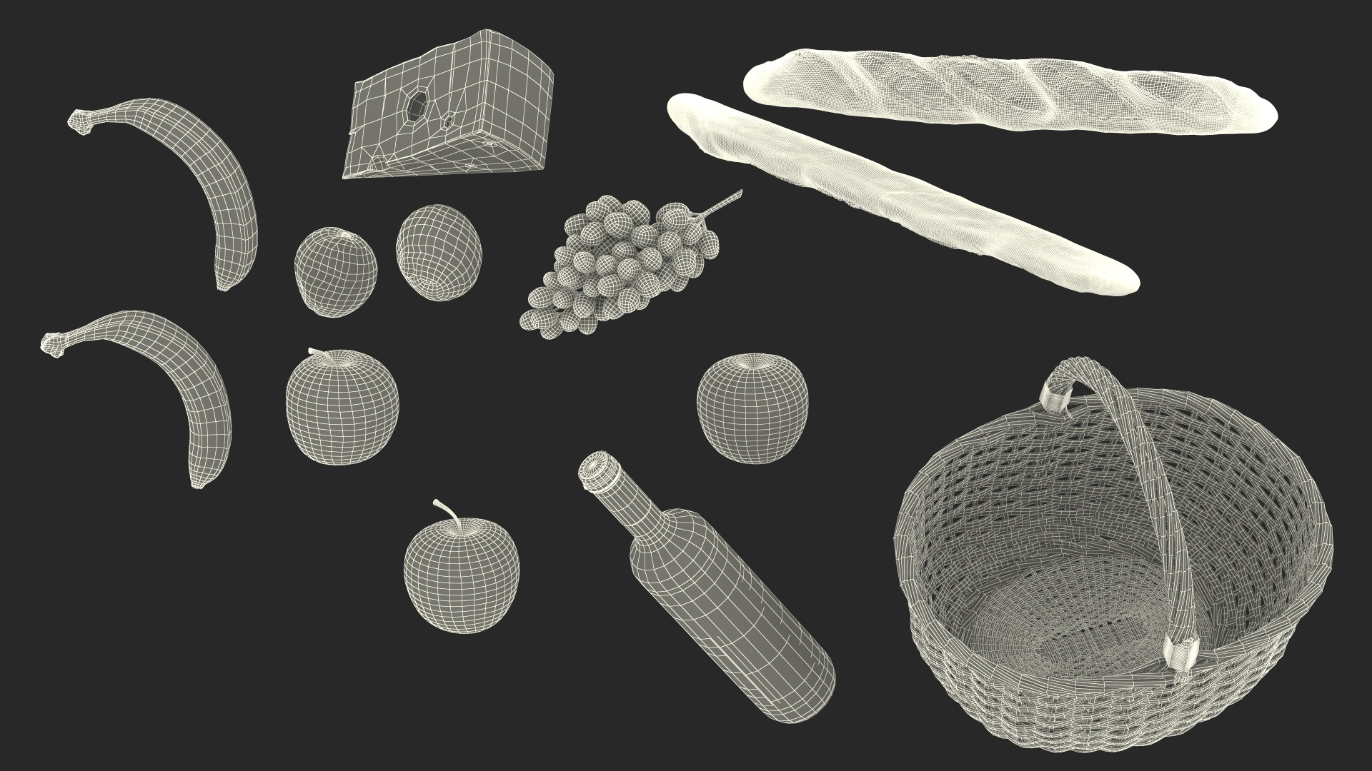 Straw Basket Full of Products 3D model