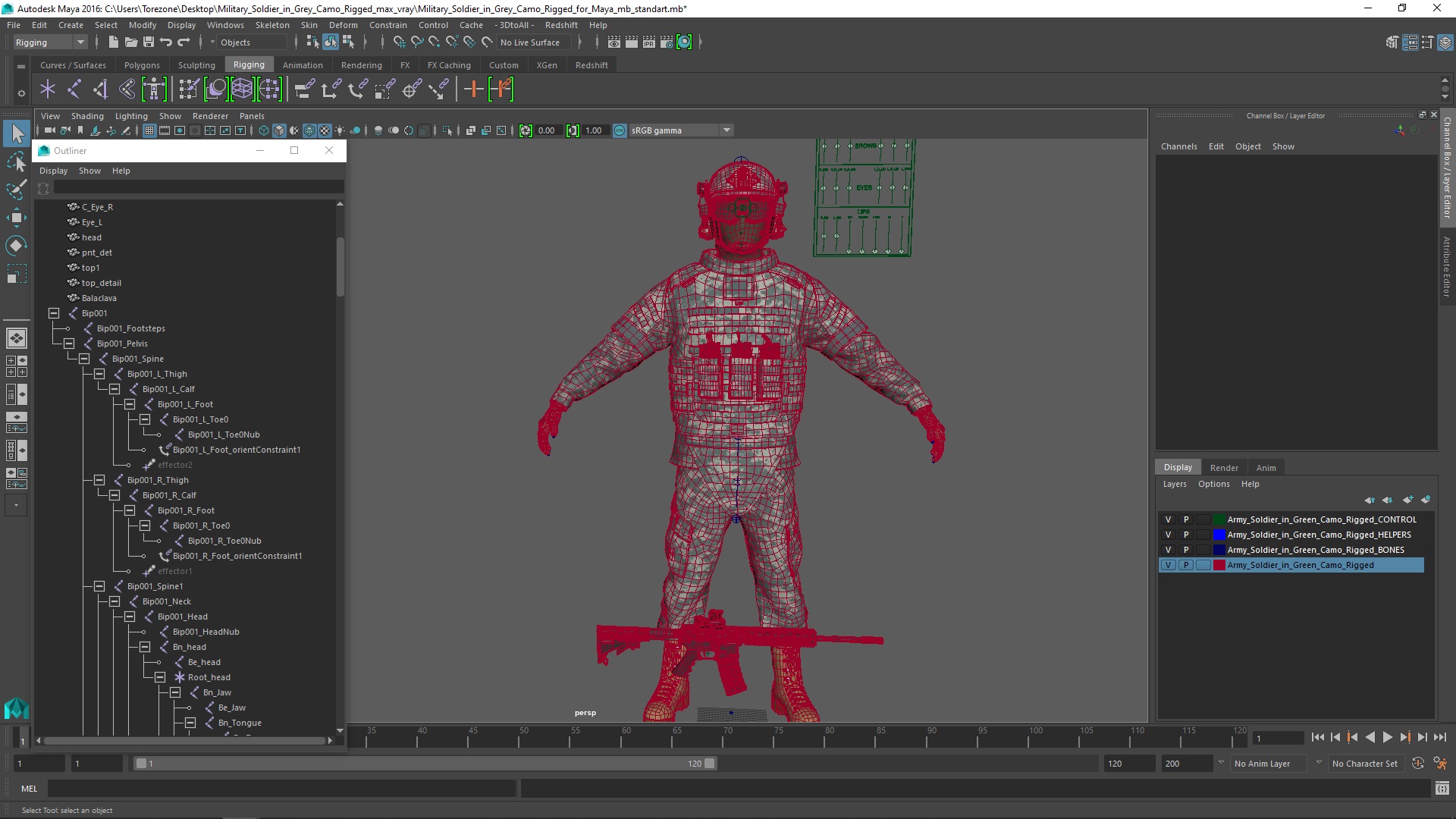 3D model Military Soldier in Grey Camo Rigged for Maya