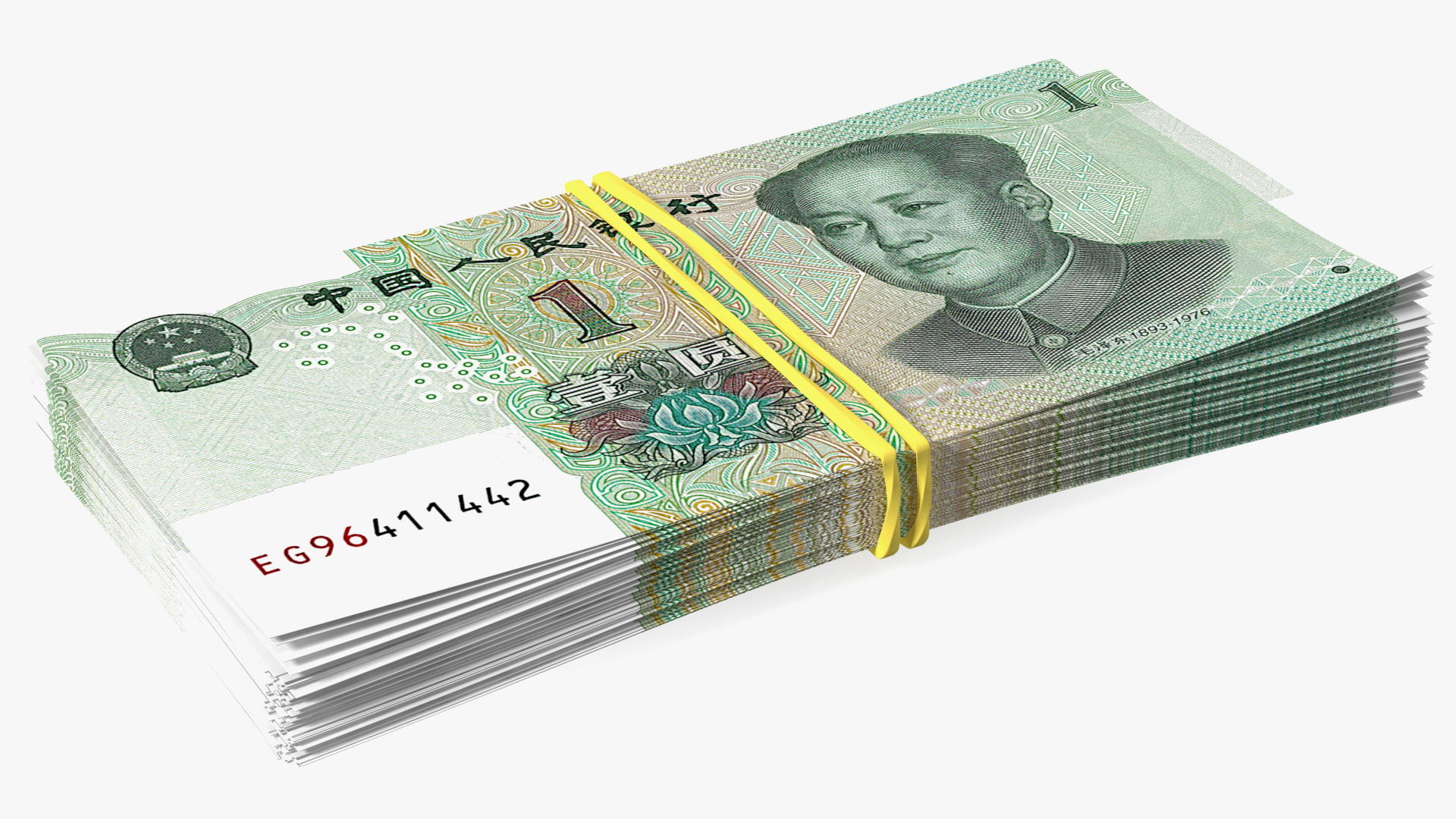 3D Stack of Chinese 1 Yuan 2019 Bills with Rubber Band