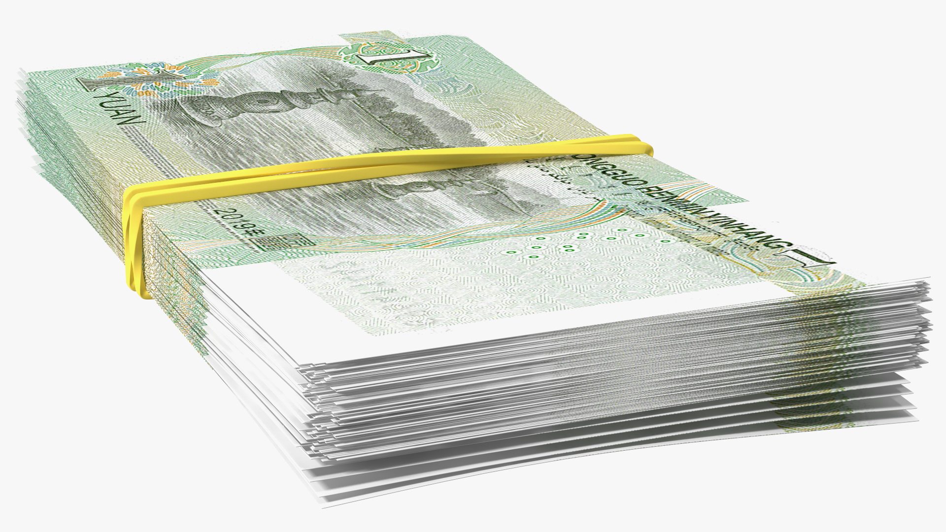 3D Stack of Chinese 1 Yuan 2019 Bills with Rubber Band