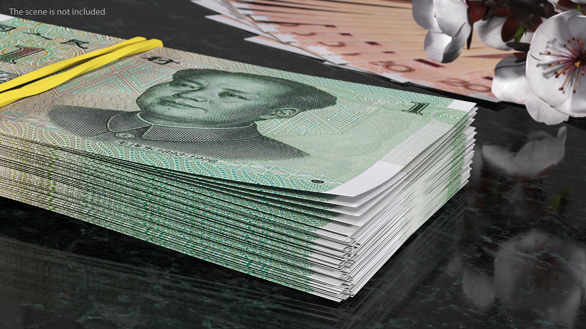 3D Stack of Chinese 1 Yuan 2019 Bills with Rubber Band