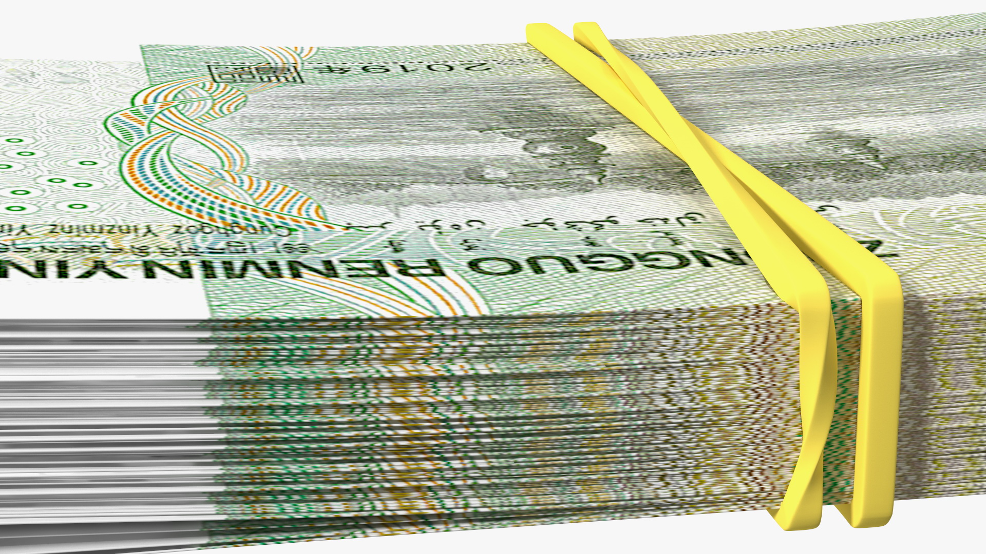 3D Stack of Chinese 1 Yuan 2019 Bills with Rubber Band