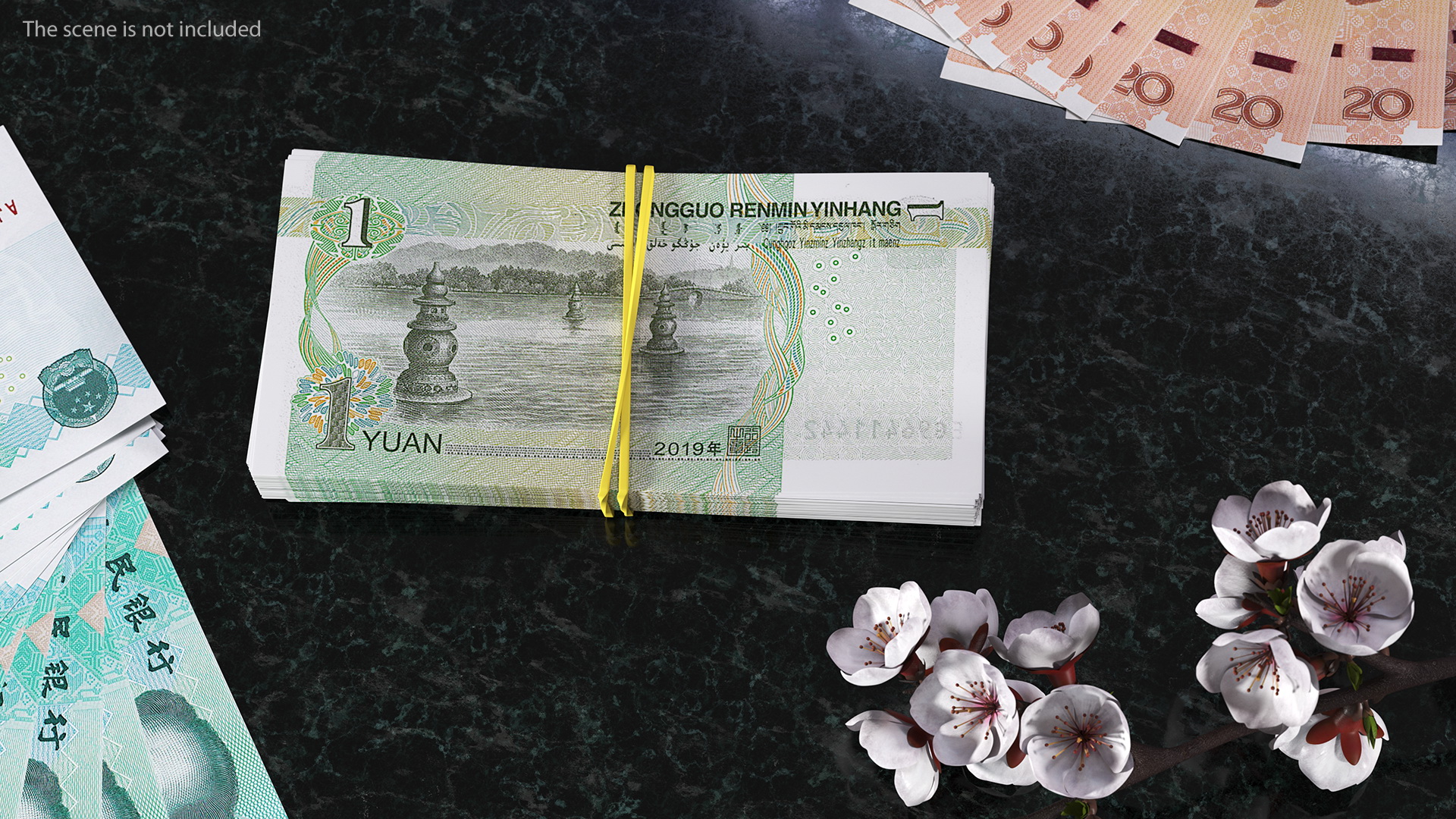 3D Stack of Chinese 1 Yuan 2019 Bills with Rubber Band