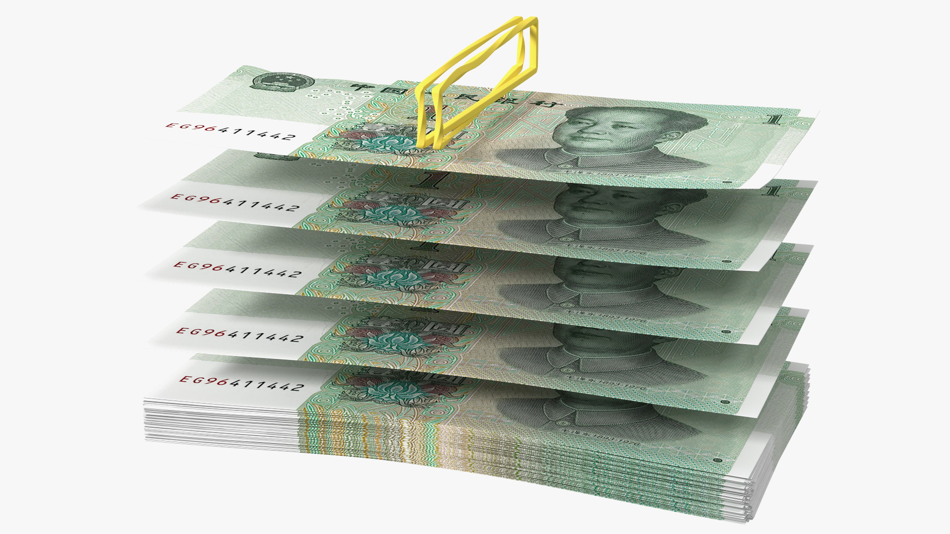 3D Stack of Chinese 1 Yuan 2019 Bills with Rubber Band