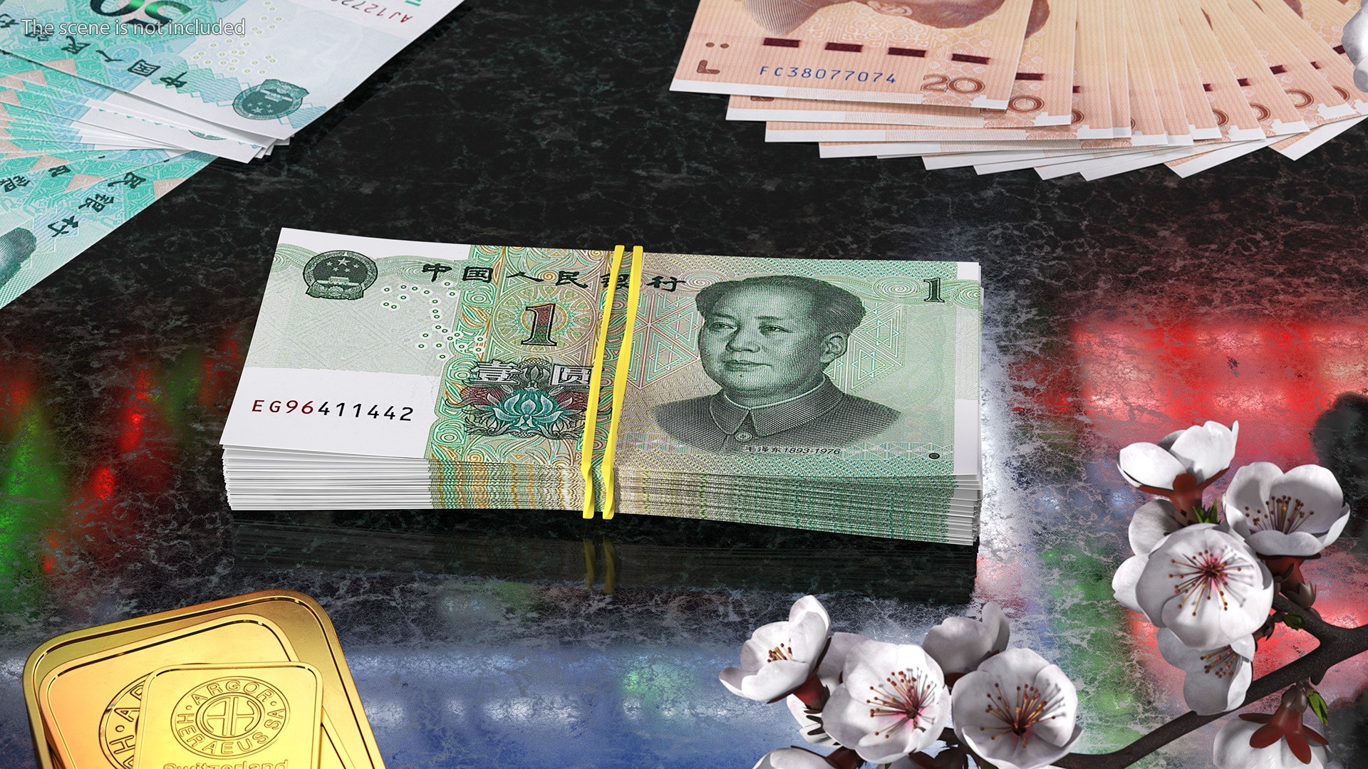 3D Stack of Chinese 1 Yuan 2019 Bills with Rubber Band