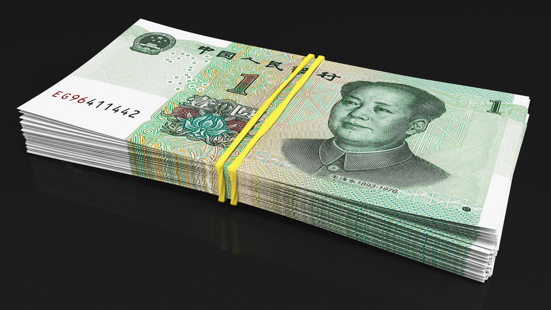 3D Stack of Chinese 1 Yuan 2019 Bills with Rubber Band