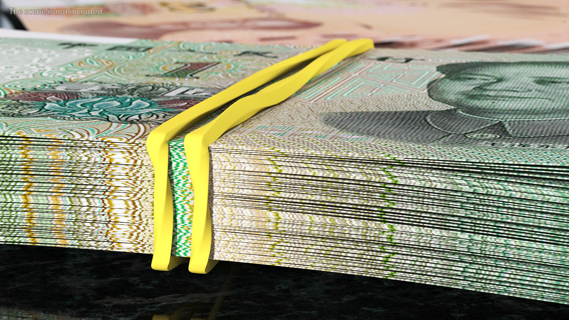 3D Stack of Chinese 1 Yuan 2019 Bills with Rubber Band