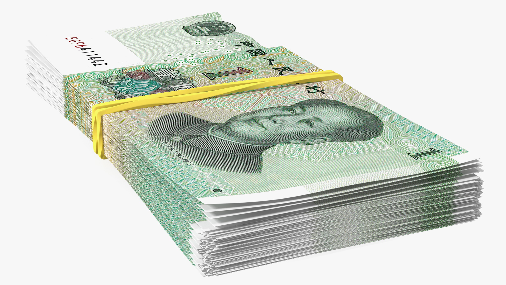 3D Stack of Chinese 1 Yuan 2019 Bills with Rubber Band