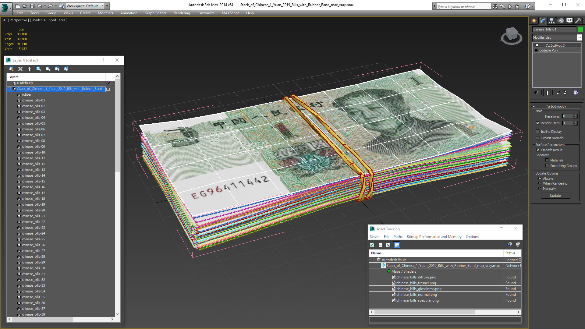3D Stack of Chinese 1 Yuan 2019 Bills with Rubber Band