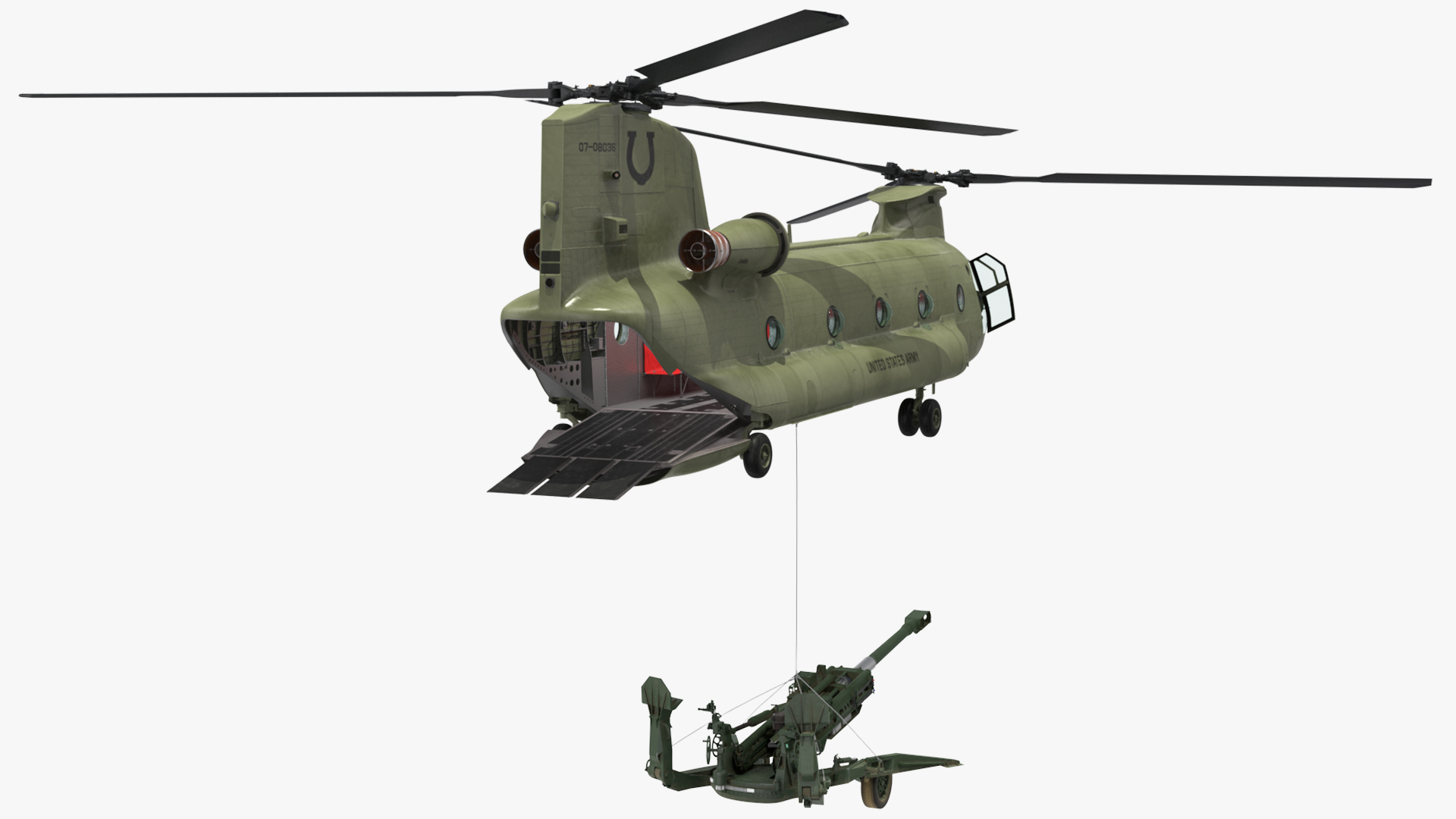 3D model US Army Transport Helicopter With Howitzer M777 155mm Rigged