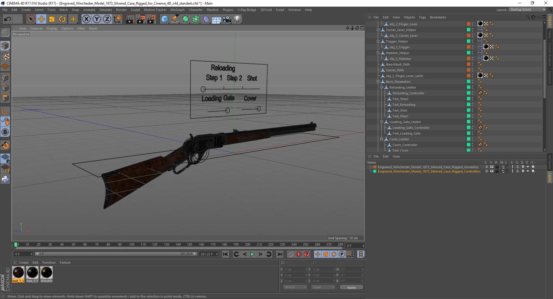 3D model Engraved Winchester Model 1873 Silvered Case Rigged for Cinema 4D