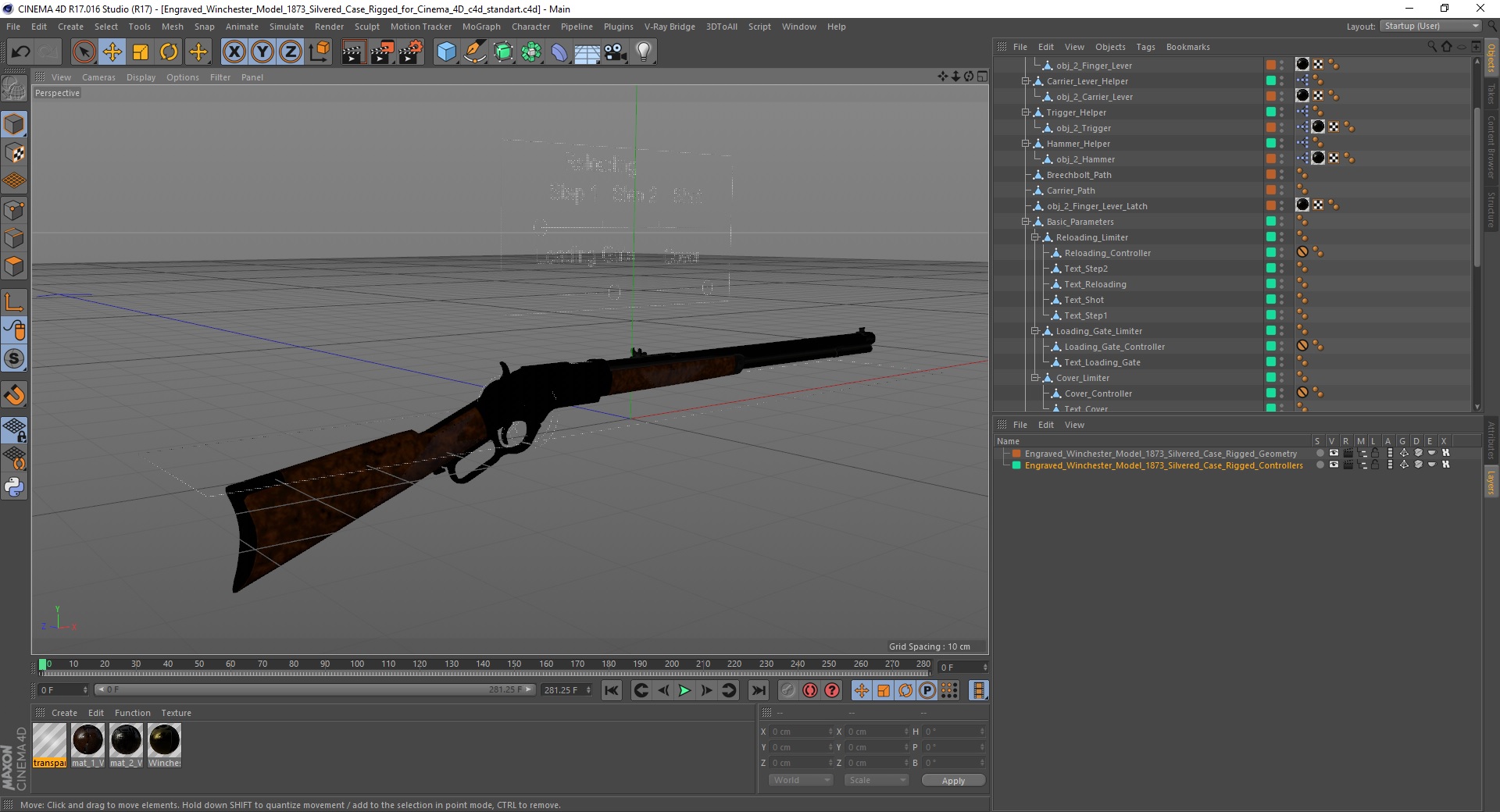 3D model Engraved Winchester Model 1873 Silvered Case Rigged for Cinema 4D