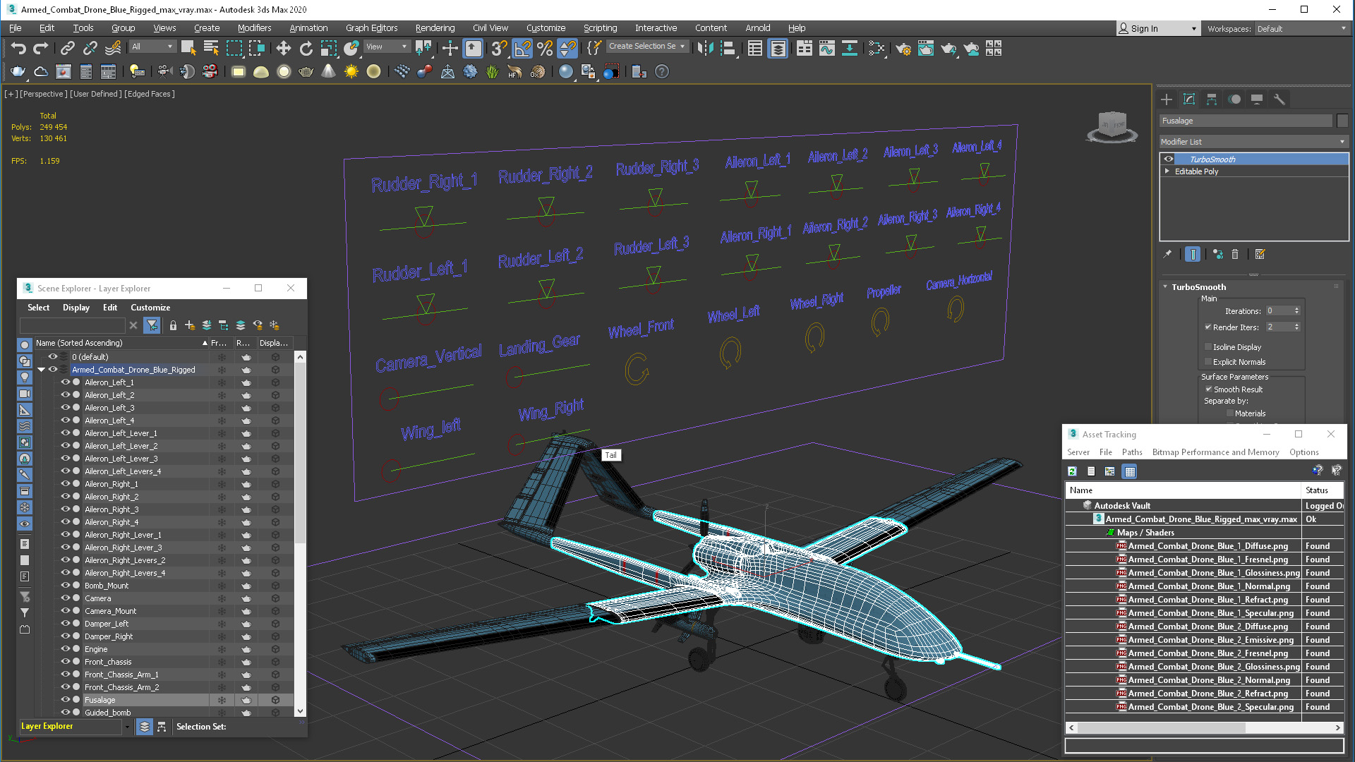 Armed Combat Drone Blue Rigged for Cinema 4D 3D model