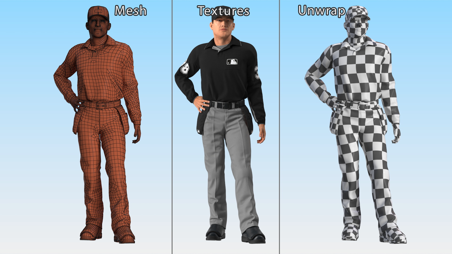 3D model Baseball Umpire in Cap Standing Pose Fur
