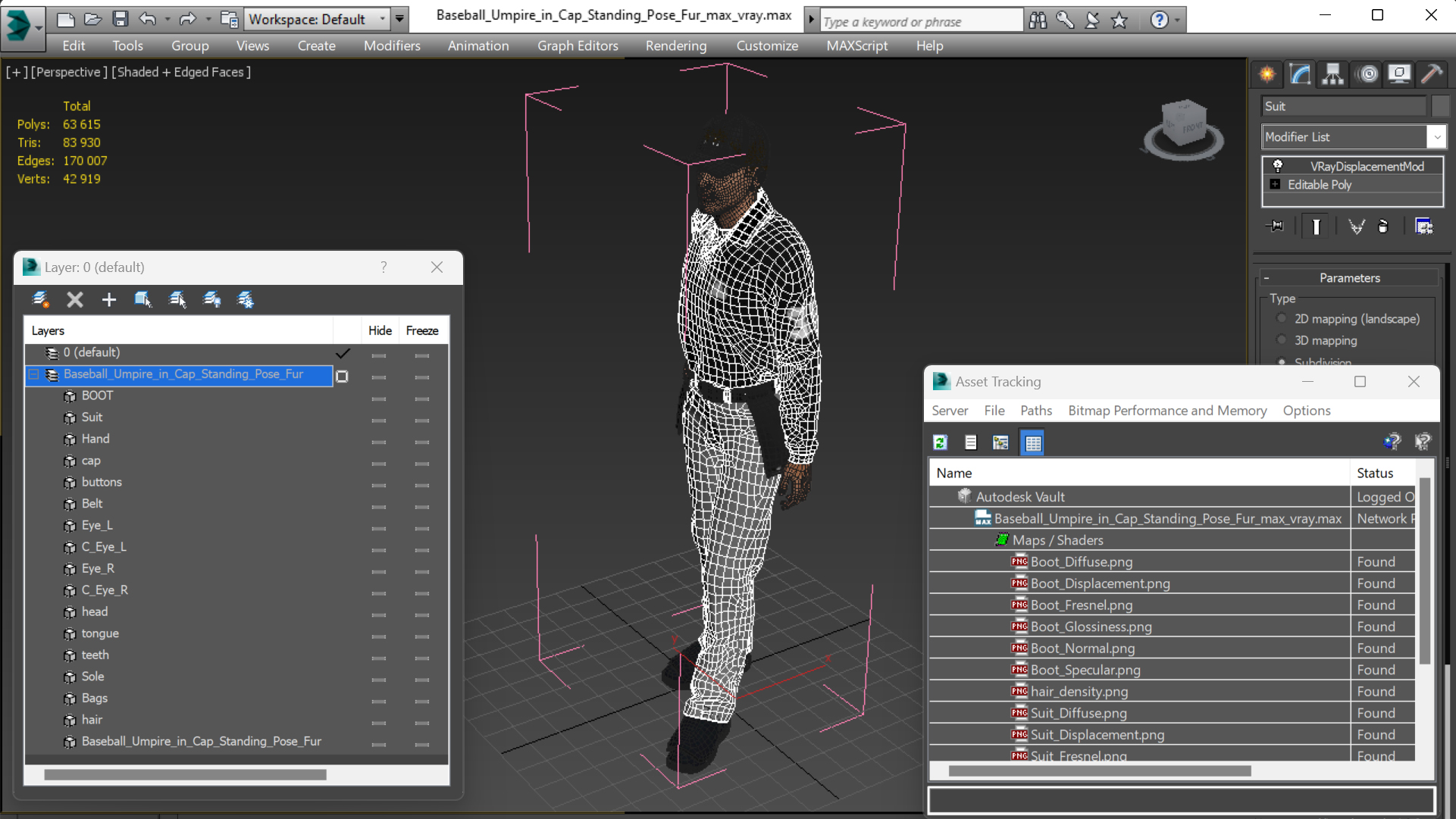 3D model Baseball Umpire in Cap Standing Pose Fur