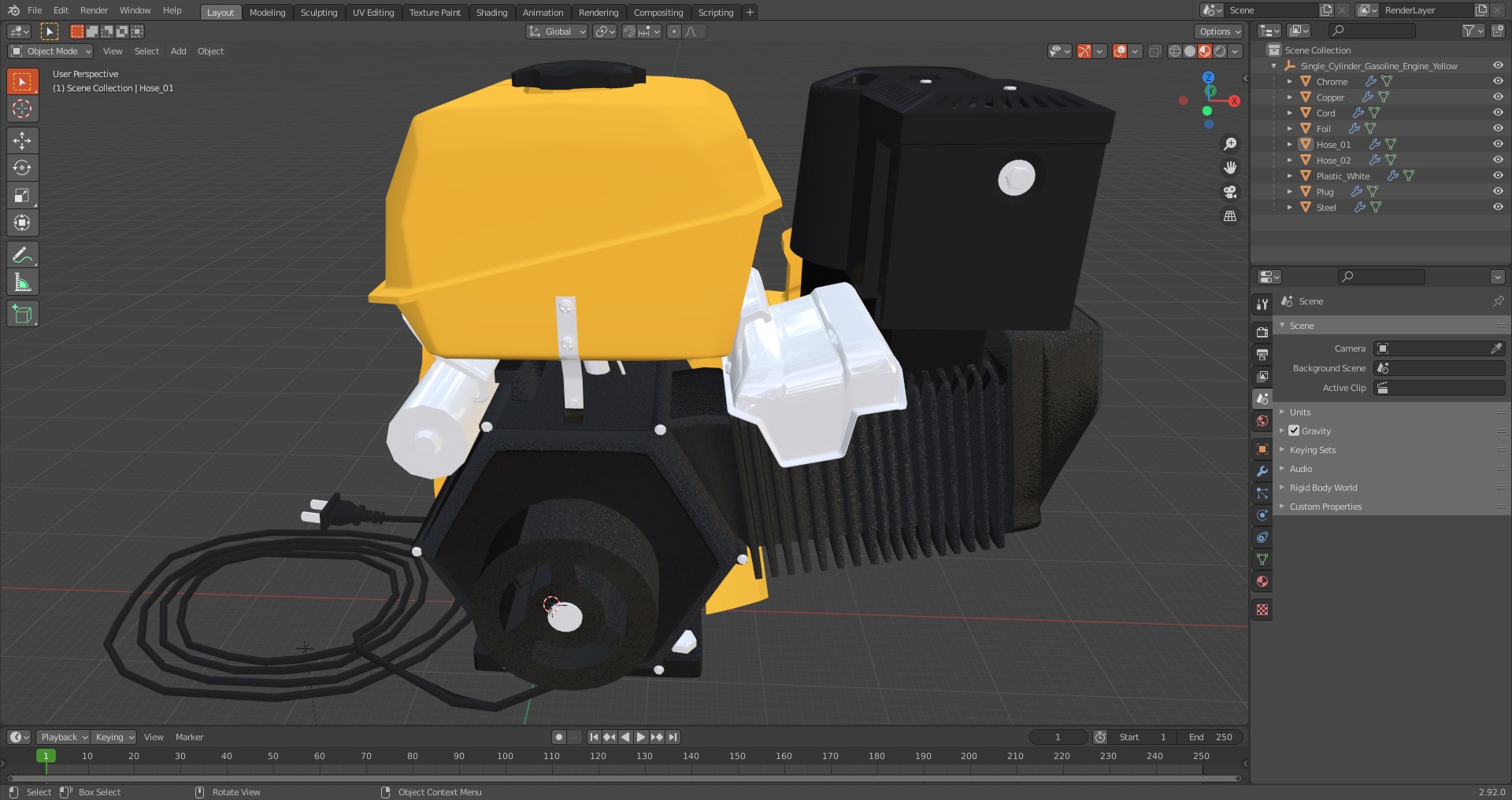 3D Single Cylinder Gasoline Engine Yellow model