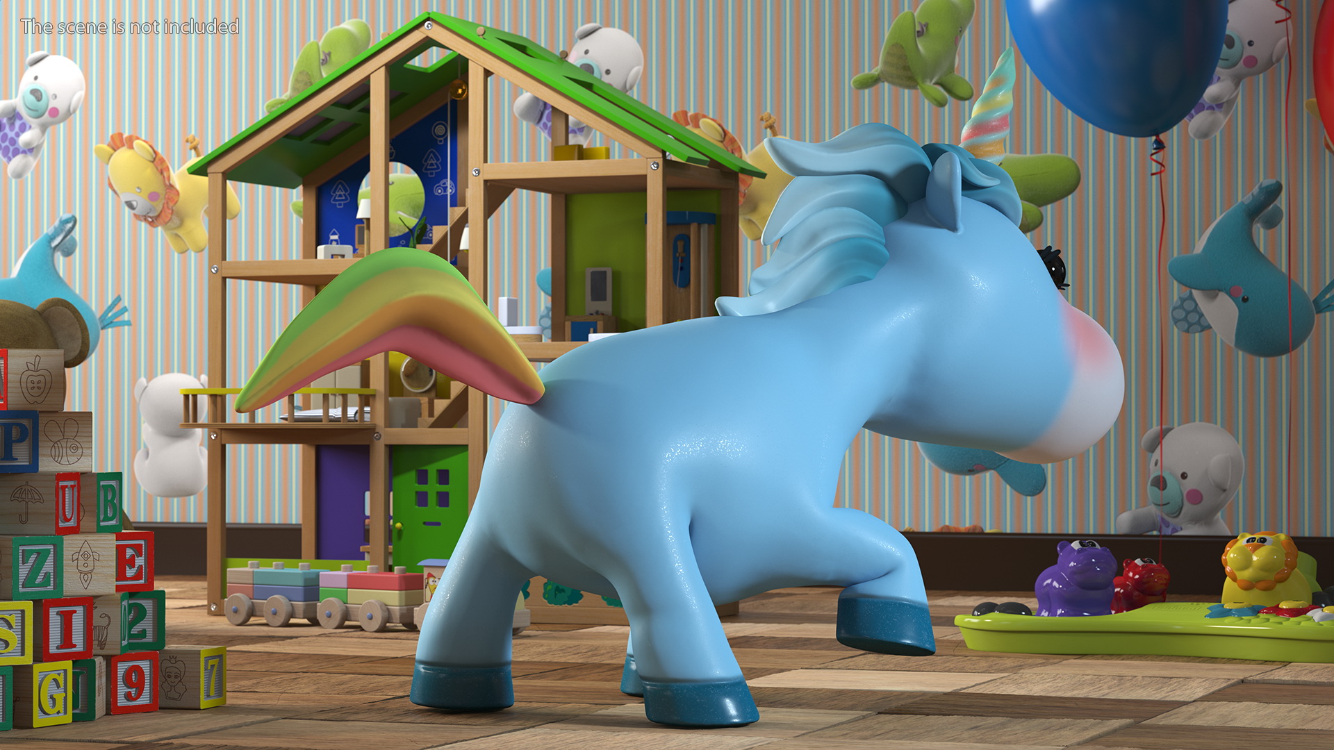 3D Blue Cartoon Unicorn Walking Pose model