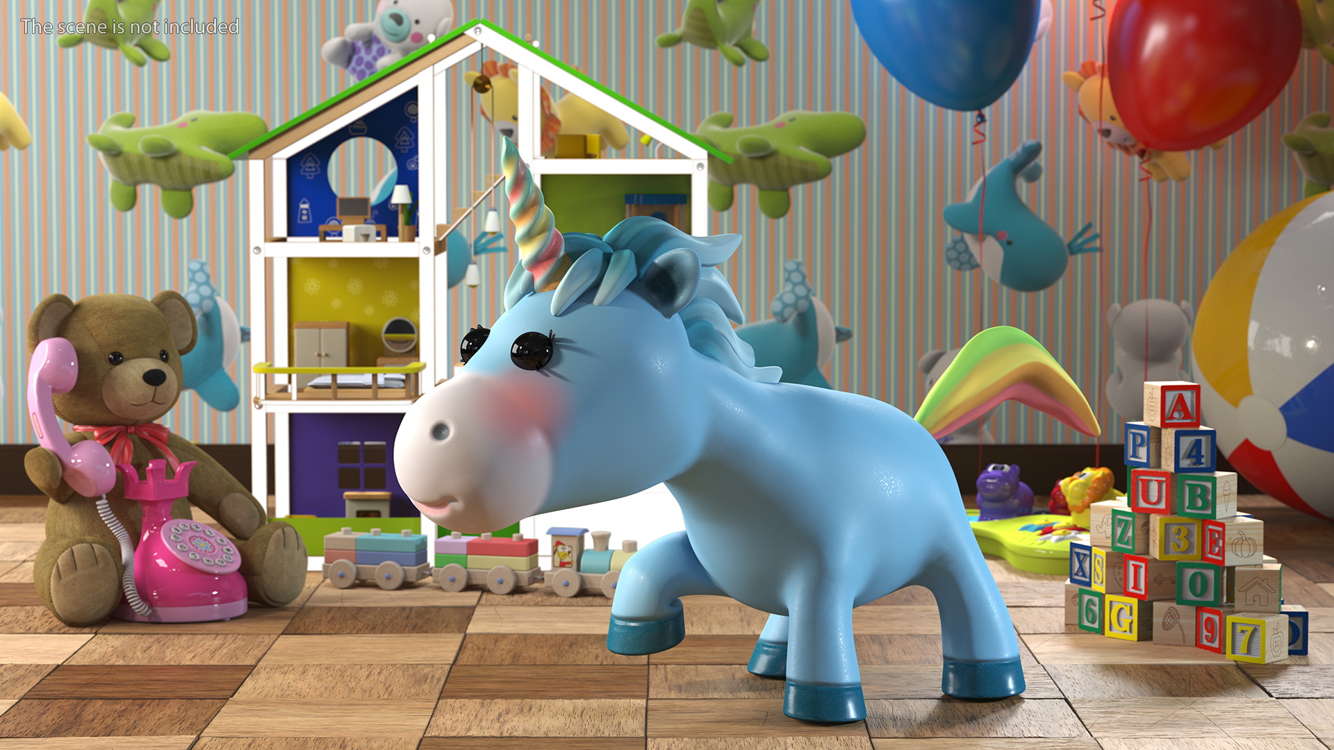 3D Blue Cartoon Unicorn Walking Pose model