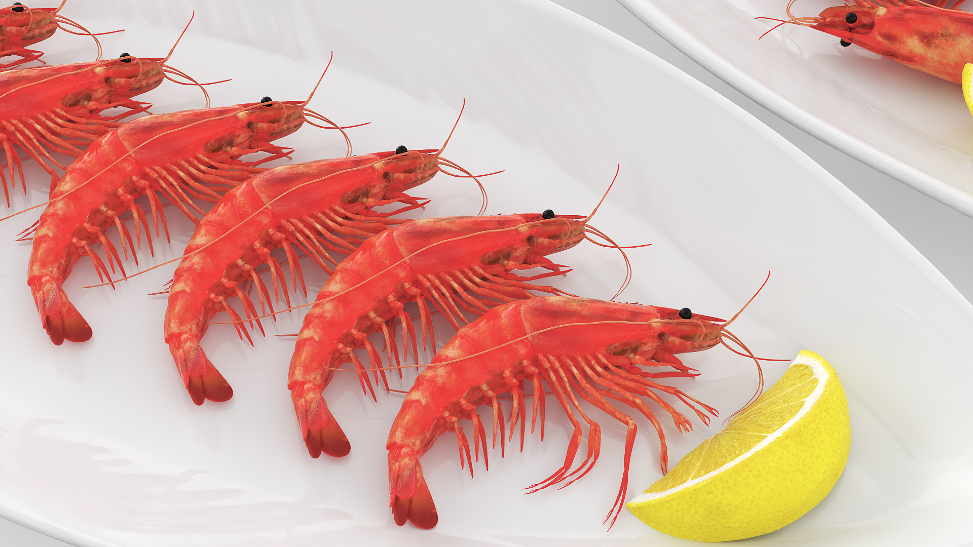 Cooked Shrimp with Lemon Wedges on Plate, view 4