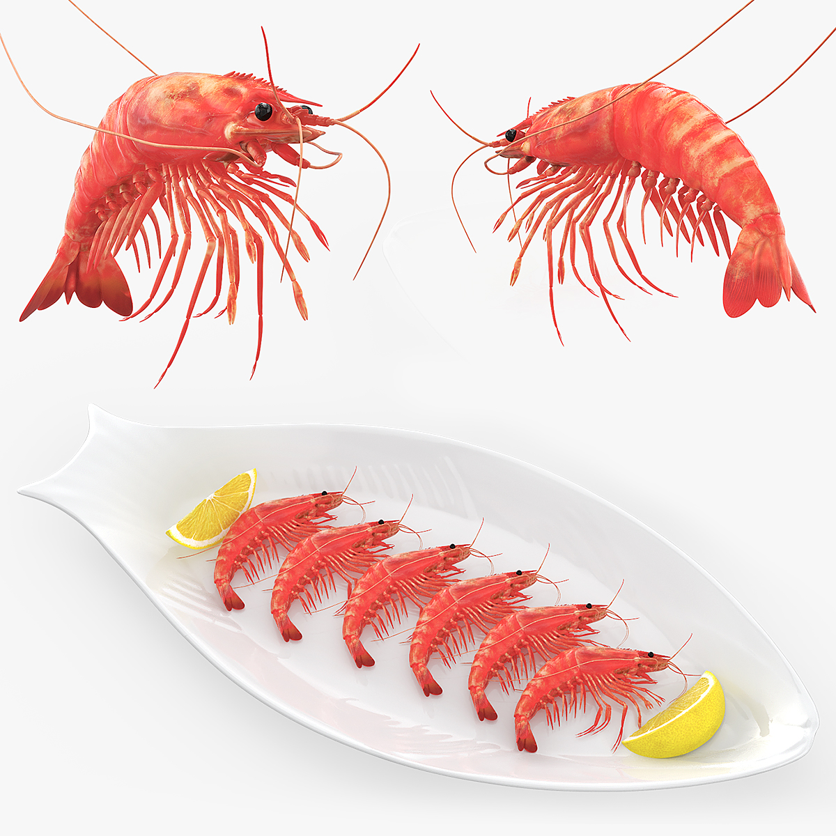Cooked Shrimp with Lemon Wedges on Plate 3D model preview