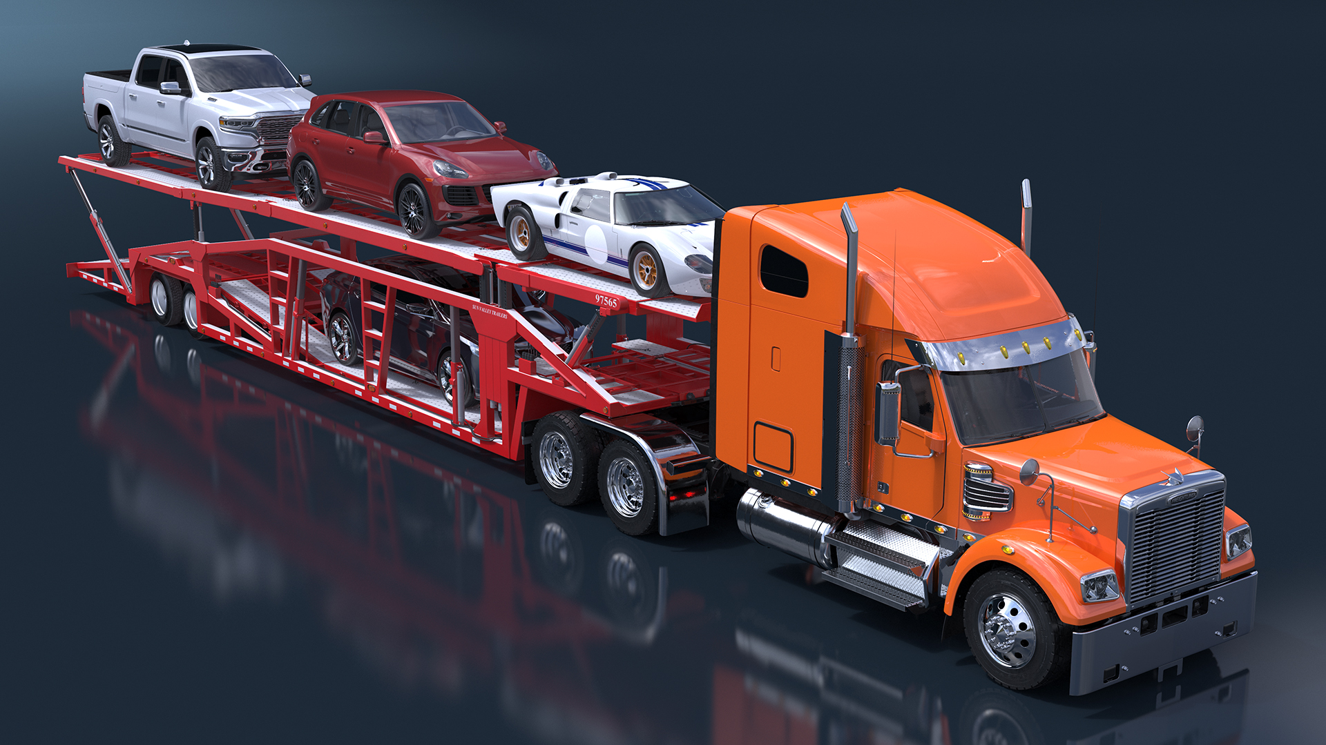 3D Freightliner Truck with Car Carried Loaded Vehicles
