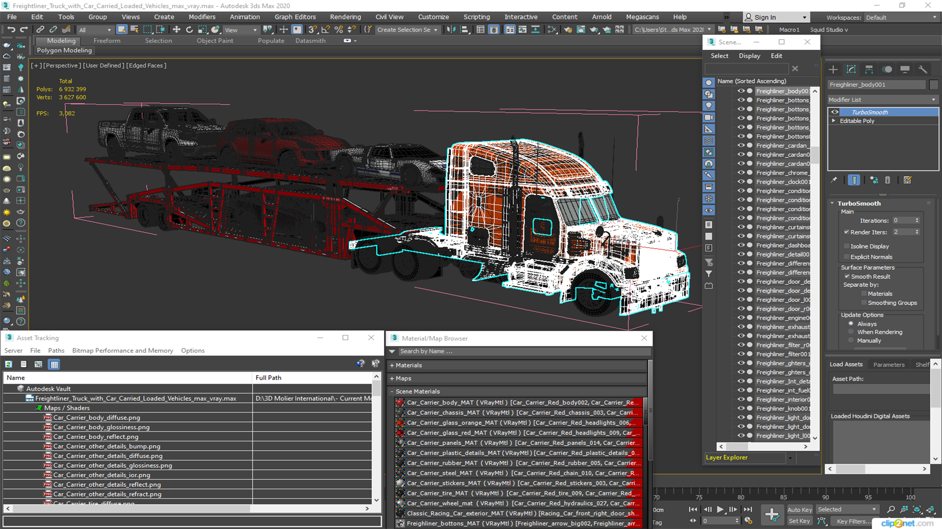 3D Freightliner Truck with Car Carried Loaded Vehicles