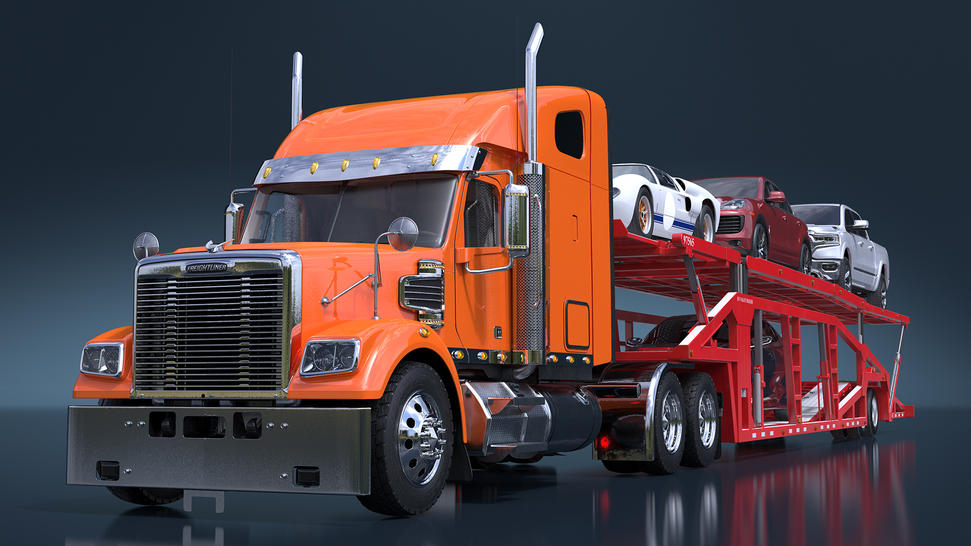3D Freightliner Truck with Car Carried Loaded Vehicles