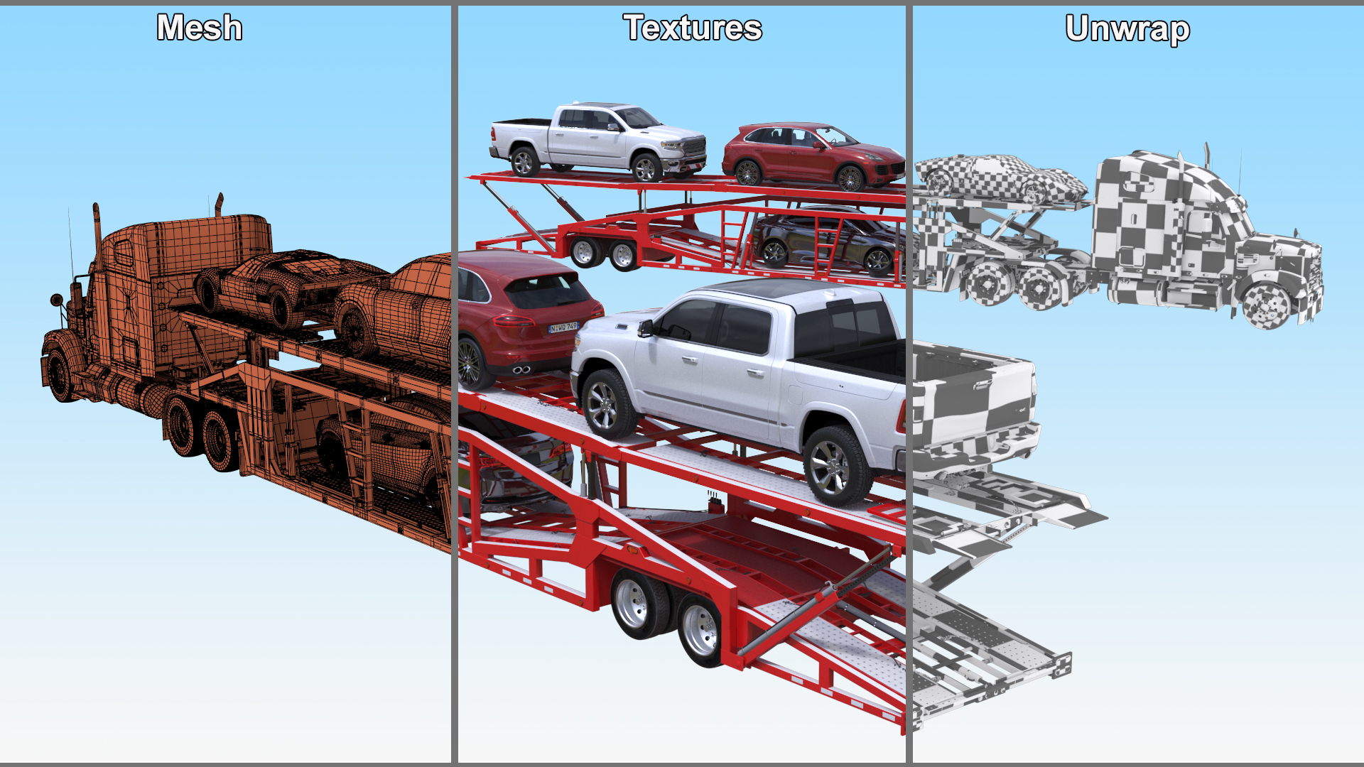 3D Freightliner Truck with Car Carried Loaded Vehicles