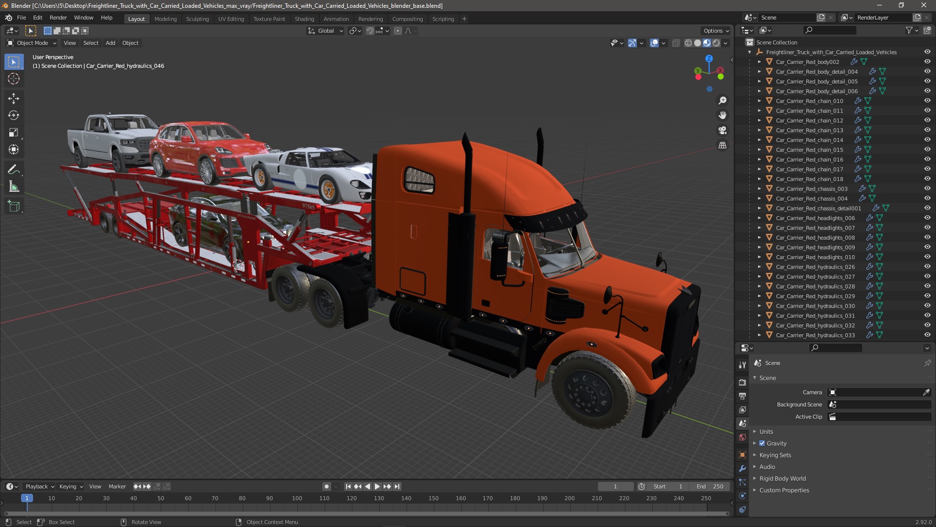 3D Freightliner Truck with Car Carried Loaded Vehicles