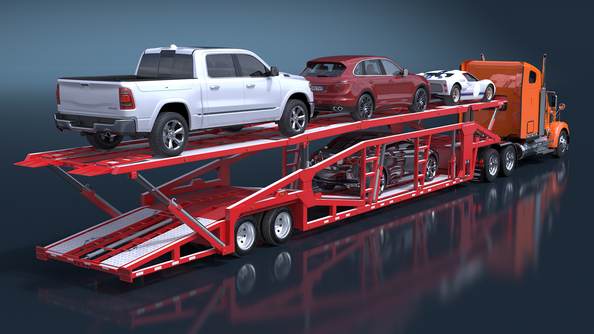 3D Freightliner Truck with Car Carried Loaded Vehicles