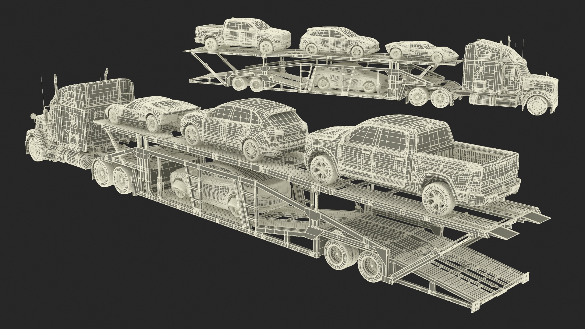 3D Freightliner Truck with Car Carried Loaded Vehicles