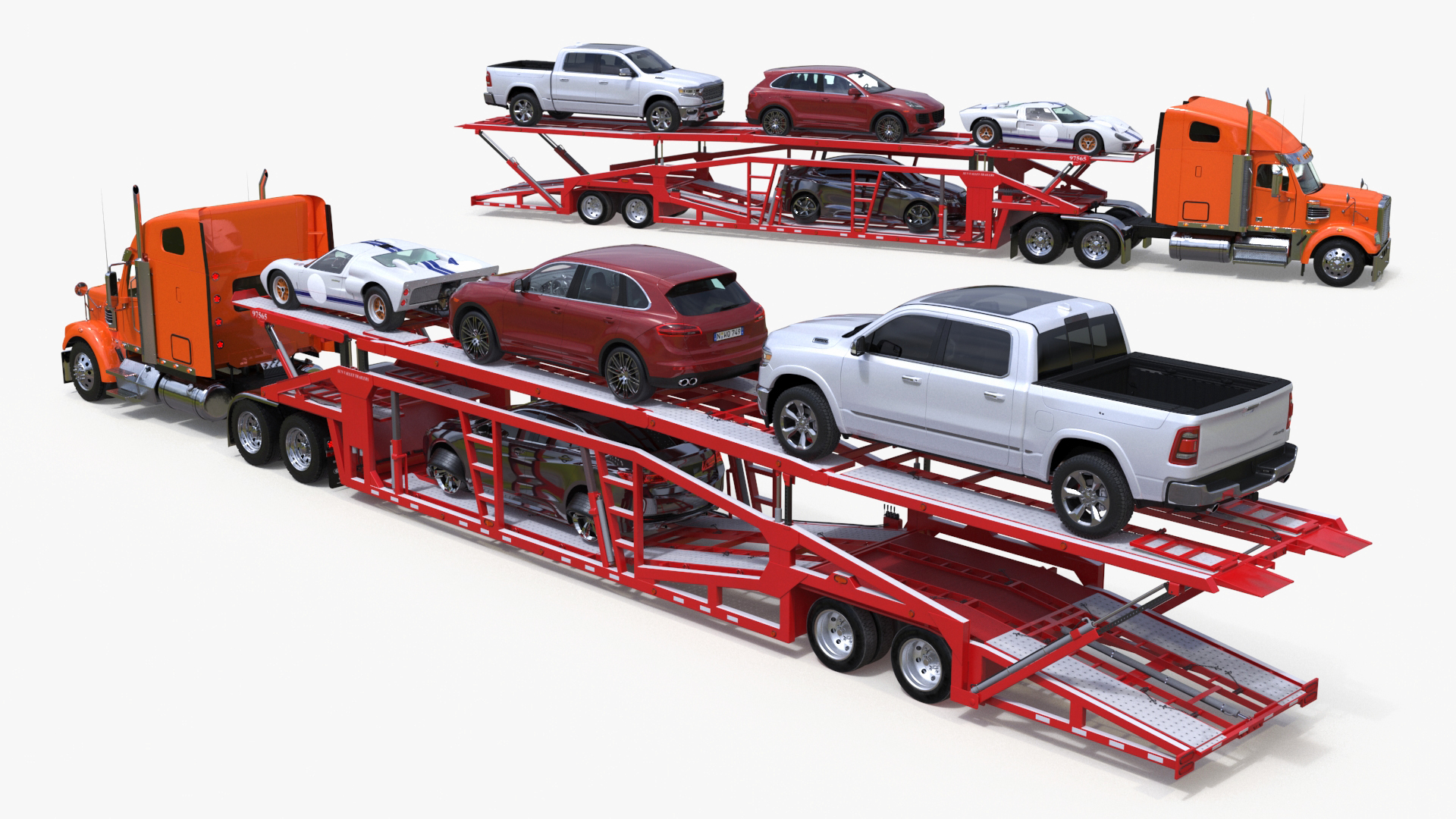 3D Freightliner Truck with Car Carried Loaded Vehicles