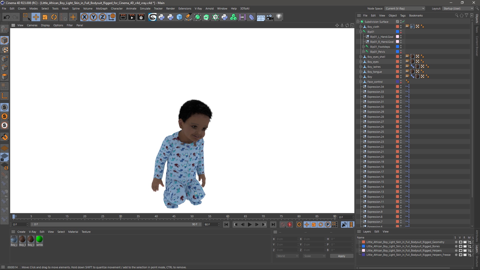 Little African Boy Light Skin in Full Bodysuit Rigged for Cinema 4D 3D