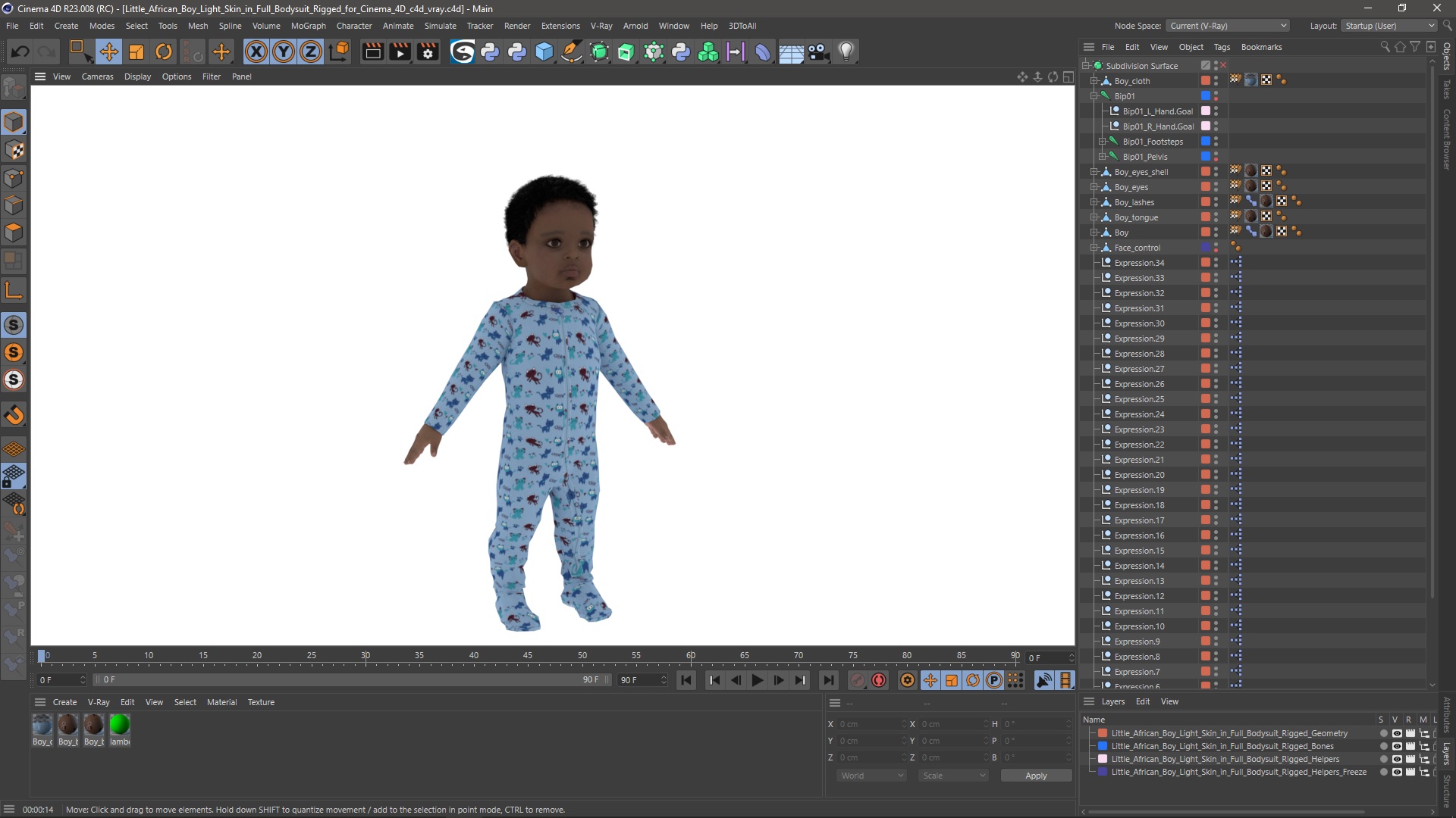 Little African Boy Light Skin in Full Bodysuit Rigged for Cinema 4D 3D