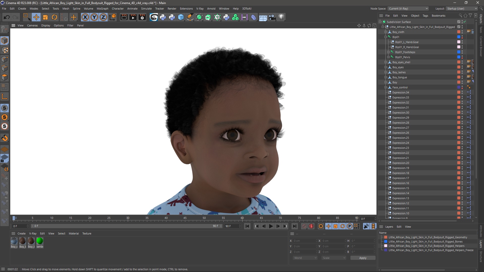 Little African Boy Light Skin in Full Bodysuit Rigged for Cinema 4D 3D