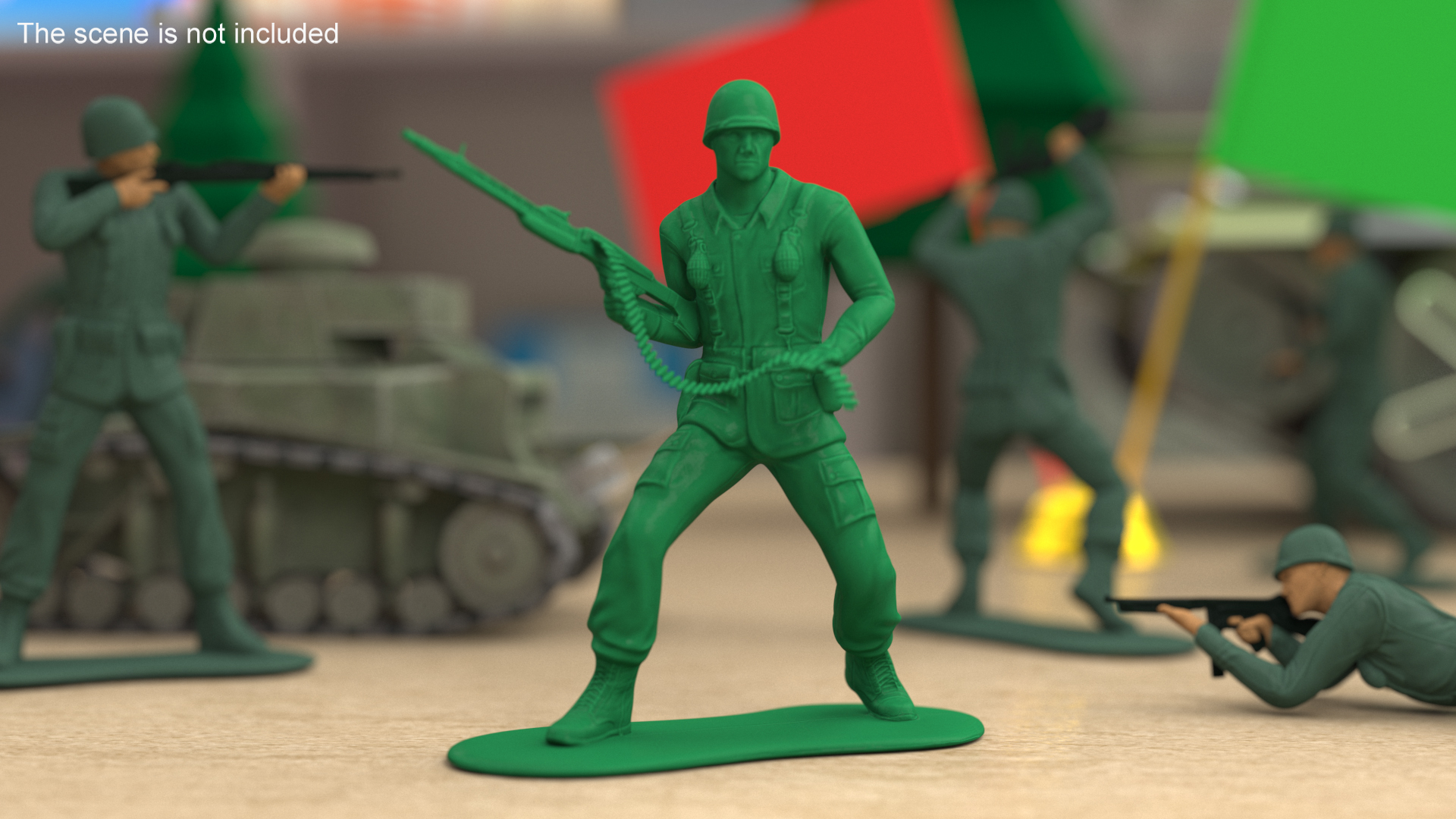 Green Plastic Toy Soldier with Machine Gun 3D