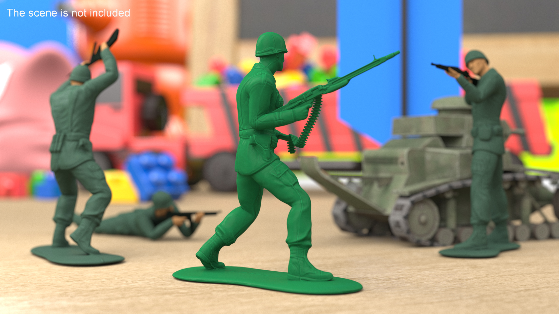 Green Plastic Toy Soldier with Machine Gun 3D