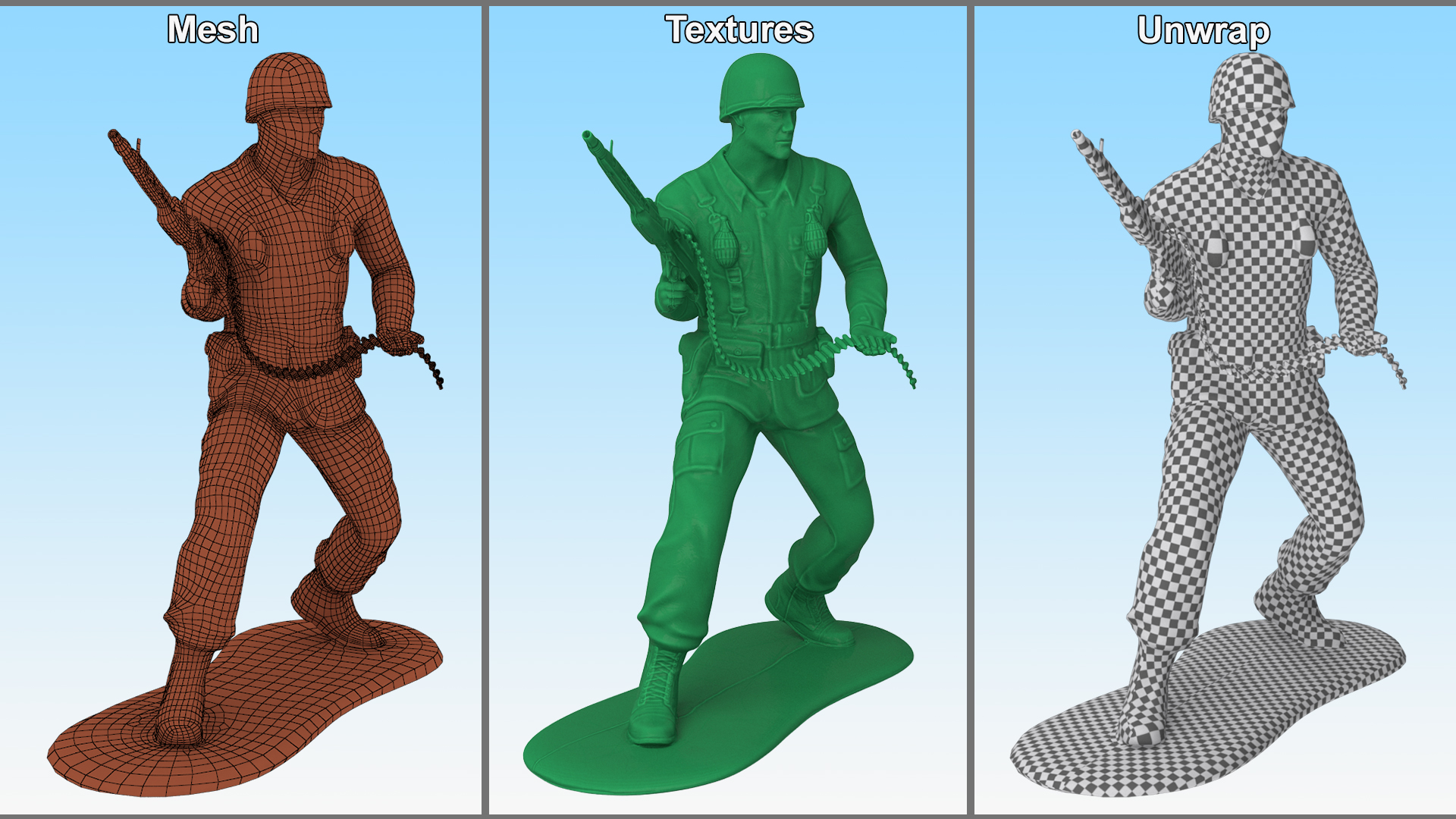 Green Plastic Toy Soldier with Machine Gun 3D