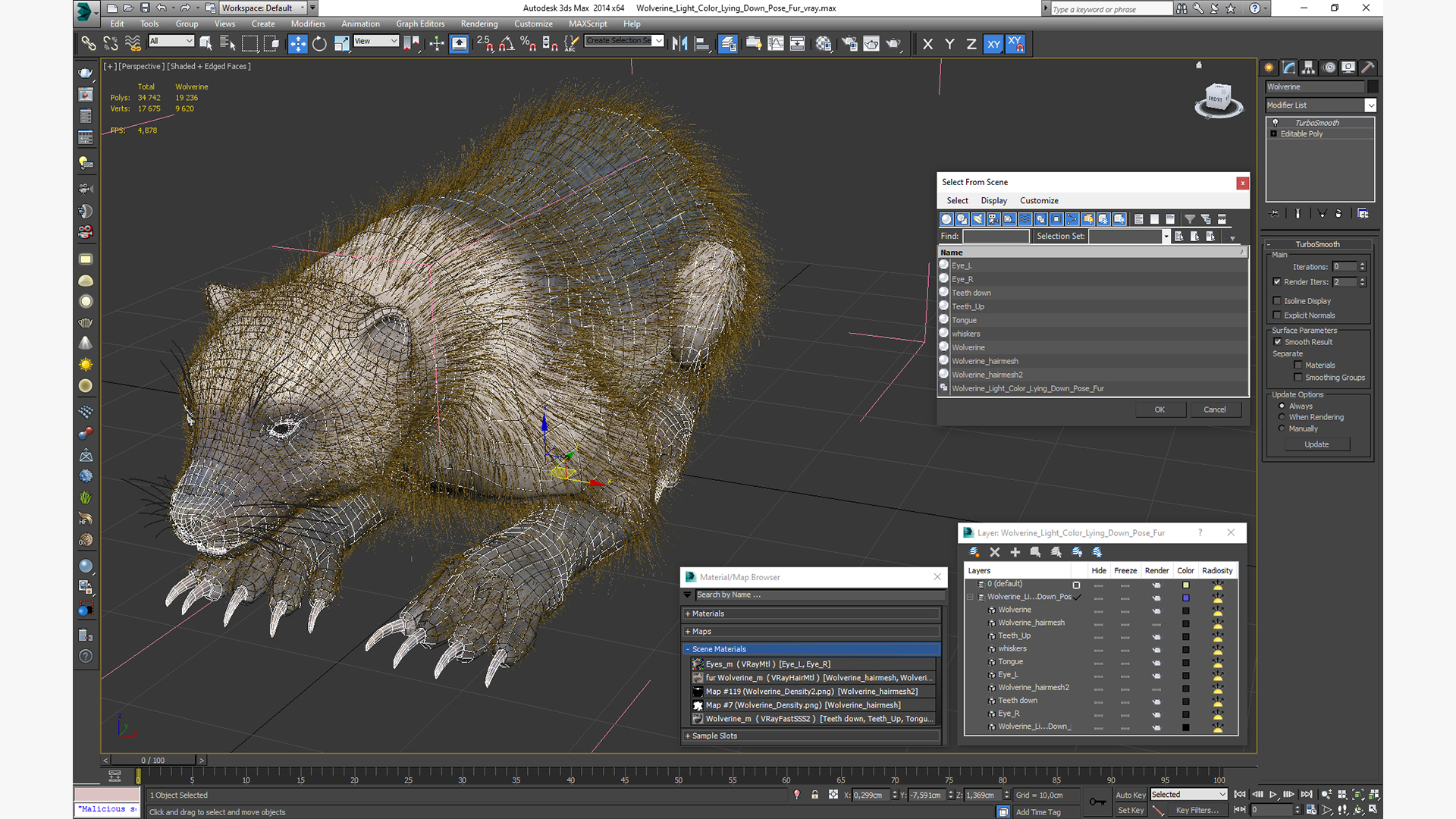 3D Wolverine Light Color Lying Down Pose Fur