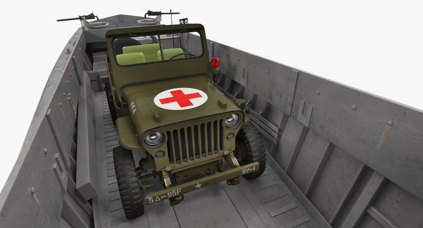 3D LCVP Boat with Jeep Willys Rigged model