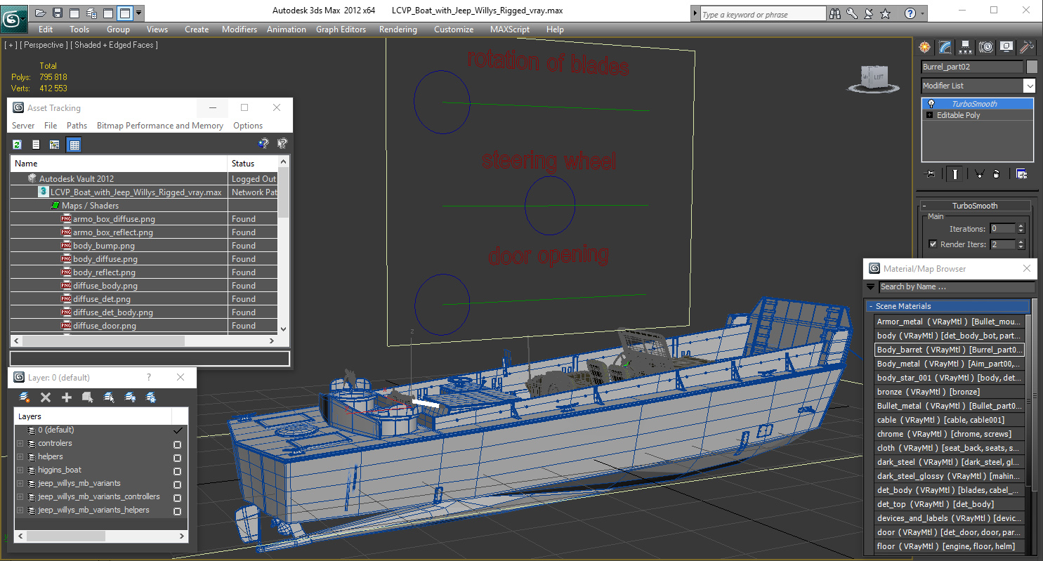 3D LCVP Boat with Jeep Willys Rigged model