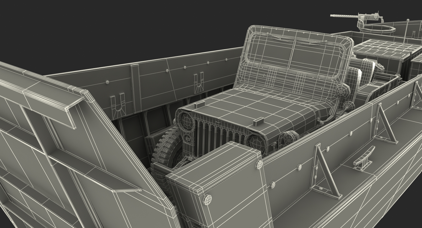3D LCVP Boat with Jeep Willys Rigged model