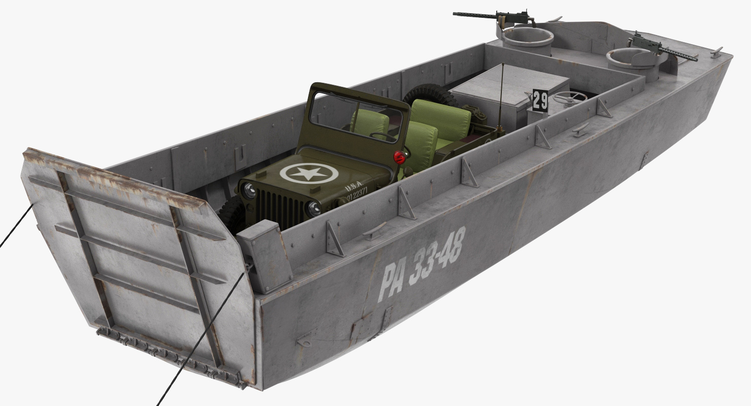 3D LCVP Boat with Jeep Willys Rigged model