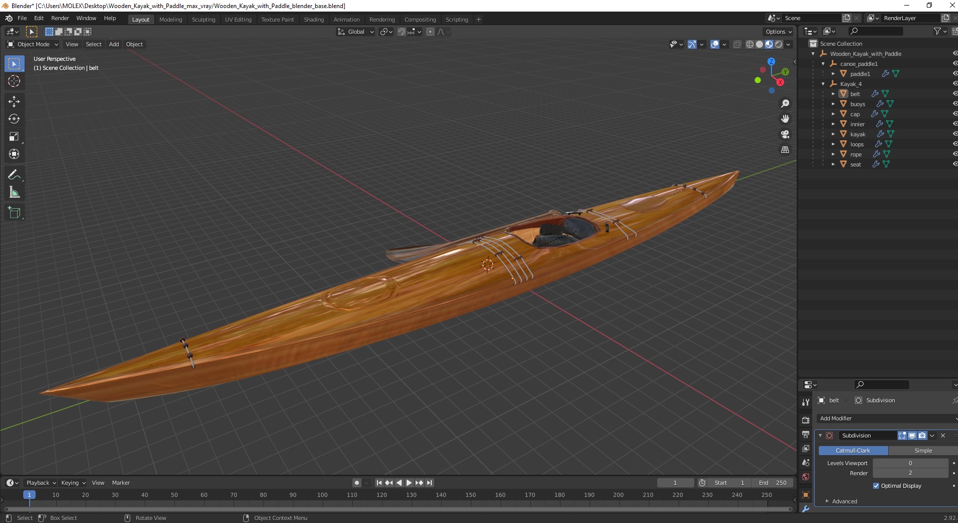 Wooden Kayak with Paddle 3D model