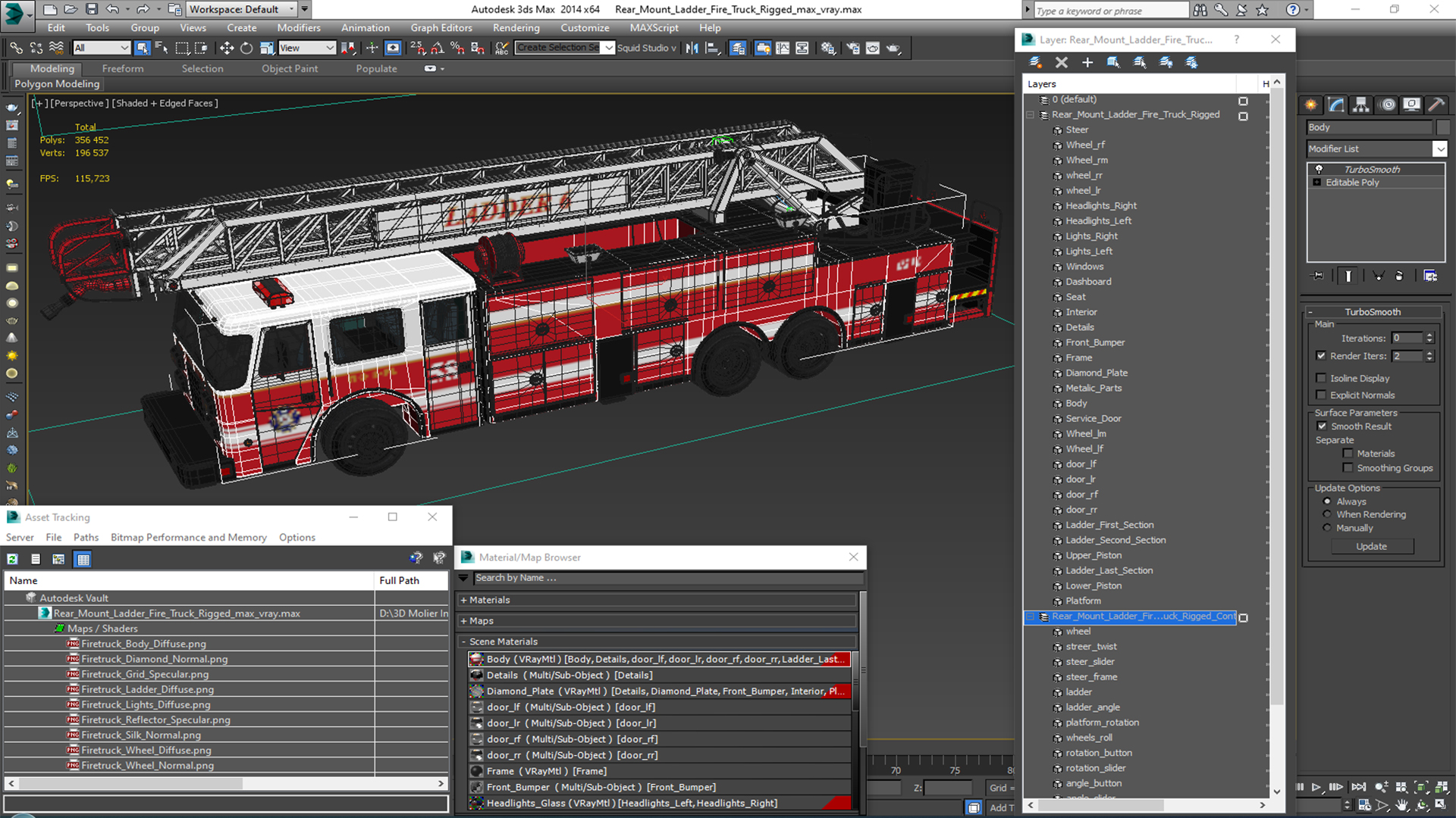 Rear Mount Ladder Fire Truck Rigged for Cinema 4D 3D model