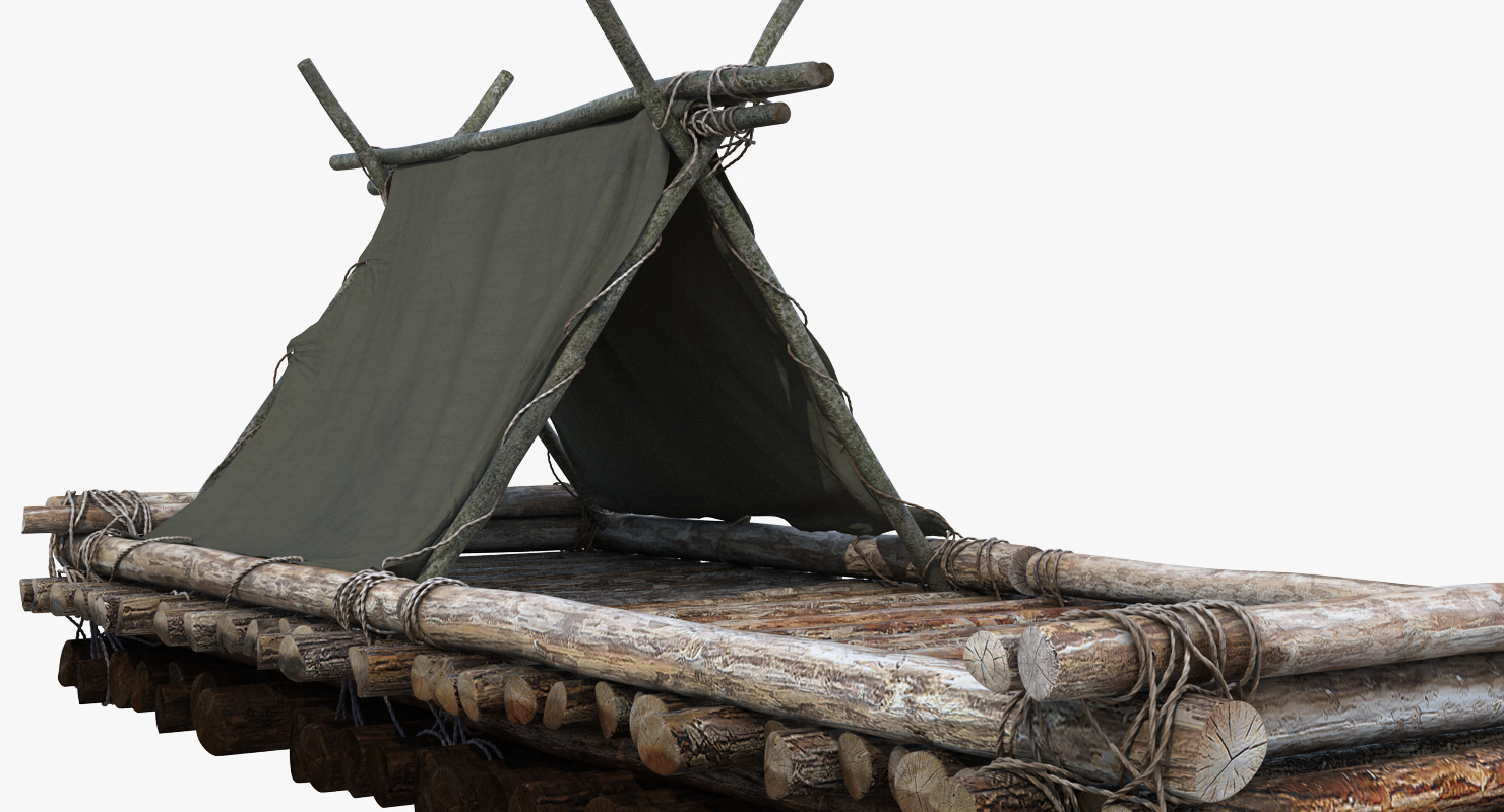 Wooden Log Raft with Hut 3D model