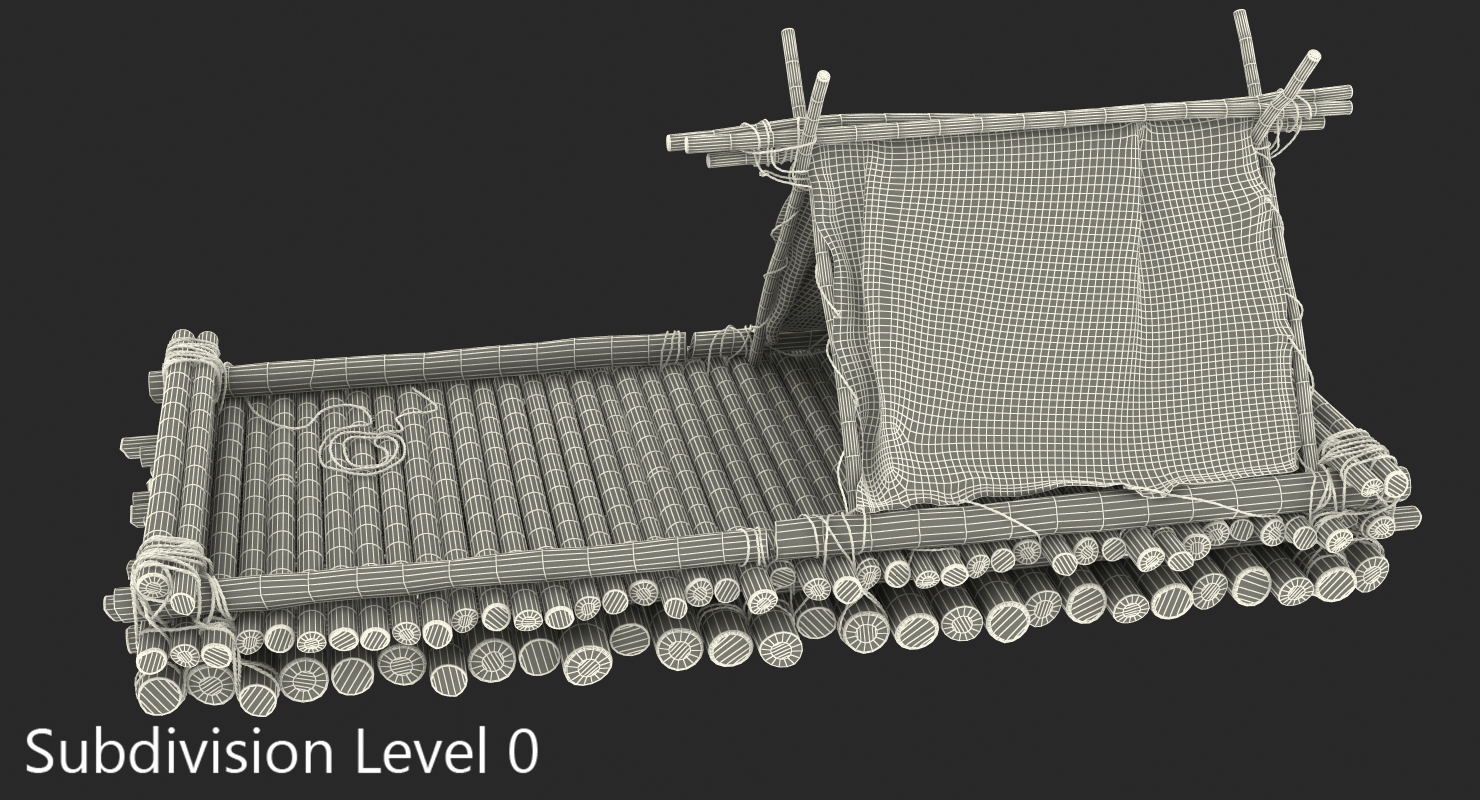 Wooden Log Raft with Hut 3D model
