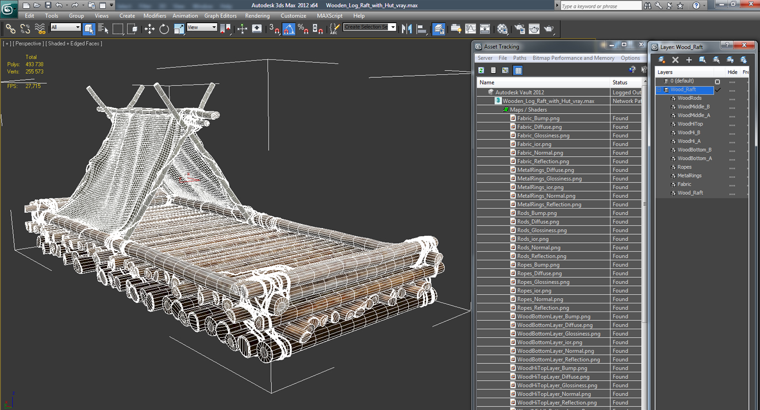 Wooden Log Raft with Hut 3D model